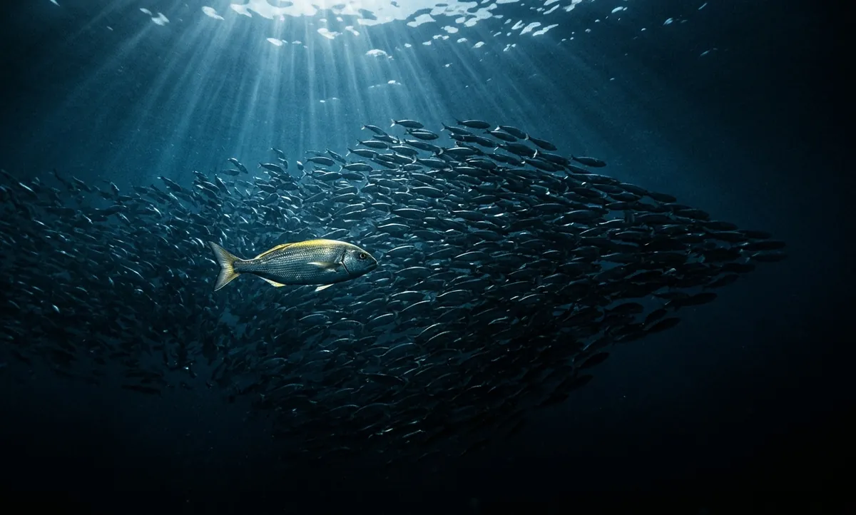 Peixe solitário nada contra cardume em sentido oposto