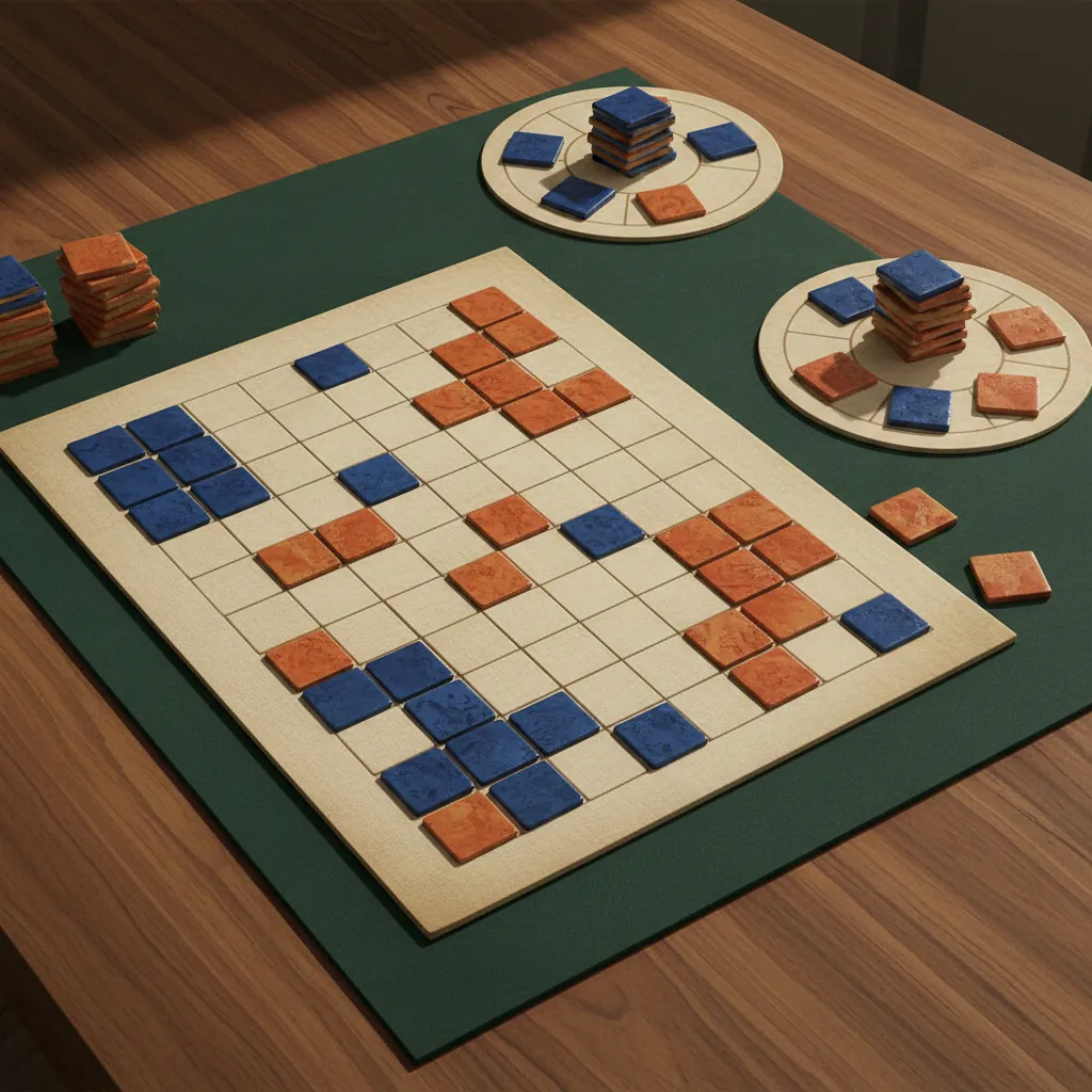 Jogo Azul sobre mesa de madeira, azulejos de resina em azul cobalto, laranja terracota, creme e amarelo dispostos no mural do tabuleiro pessoal, com as fábricas circulares ao lado