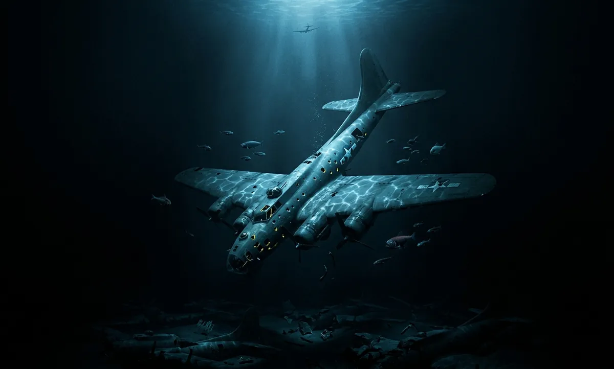 Bombardeiro da Segunda Guerra afundando no oceano escuro