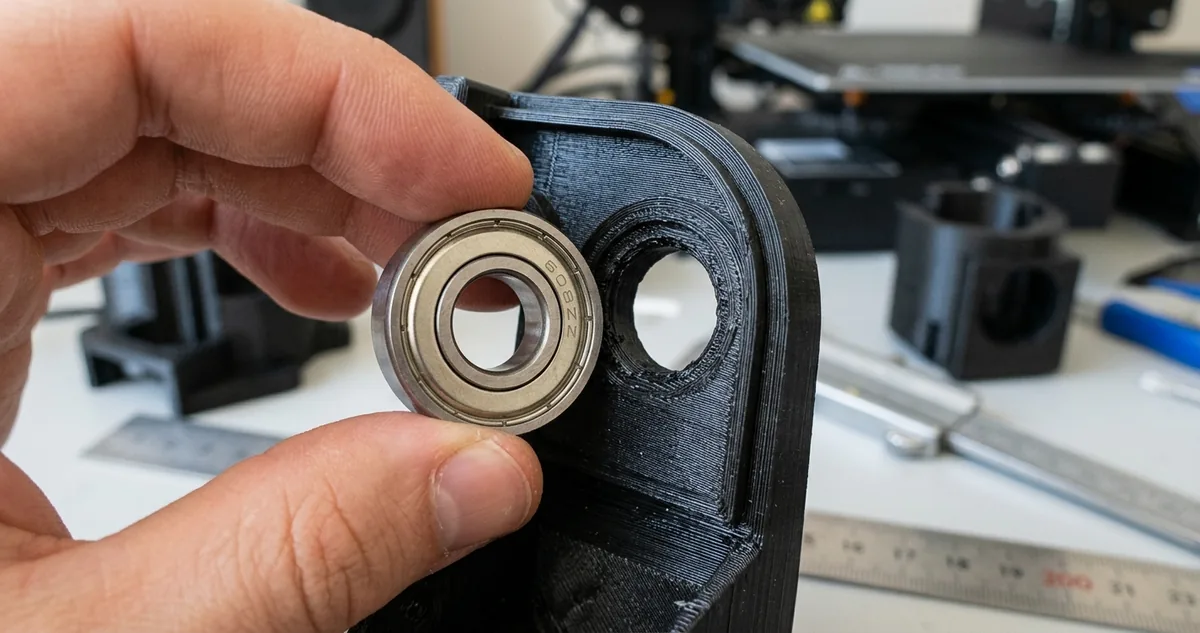 Um rolamento 608 apoiado na boca de um assento impresso que ficou pequeno demais, ao lado de um paquímetro aberto.