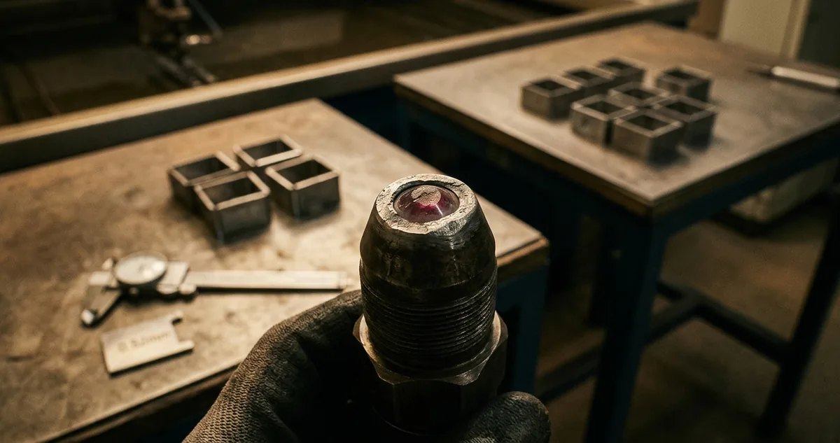 O bico de latão novo e o bico com três quilos de filamento abrasivo rodados sob a lupa da bancada, ao lado das quatro caixas modulares recusadas na conferência.