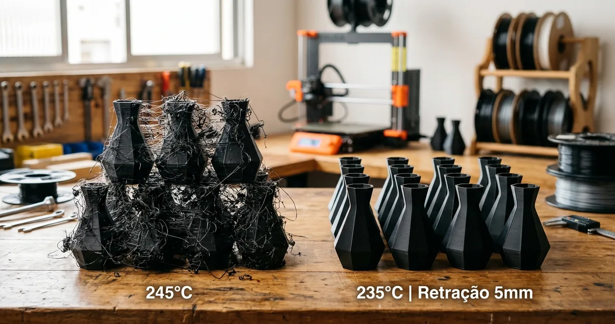 Oito vasos de PETG âmbar na bancada, com fio de teia esticado entre as nervuras verticais do recorte vazado.