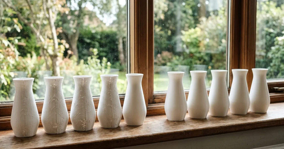 Seis vasos cilíndricos de PLA branco na bancada de uma oficina, um deles girado contra a luz da janela mostrando a linha vertical da costura.