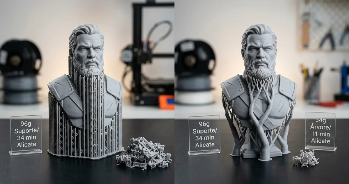 Busto de PLA cinza de 18 centímetros na mesa da impressora, com os galhos finos do suporte de árvore encostando no queixo e no ombro.