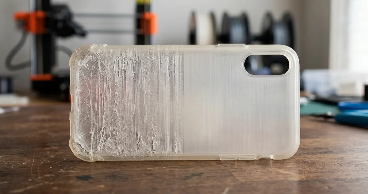 Capa flexível de TPU 95A cinza sobre a mesa da impressora, com a parede lateral íntegra sob luz de bancada.