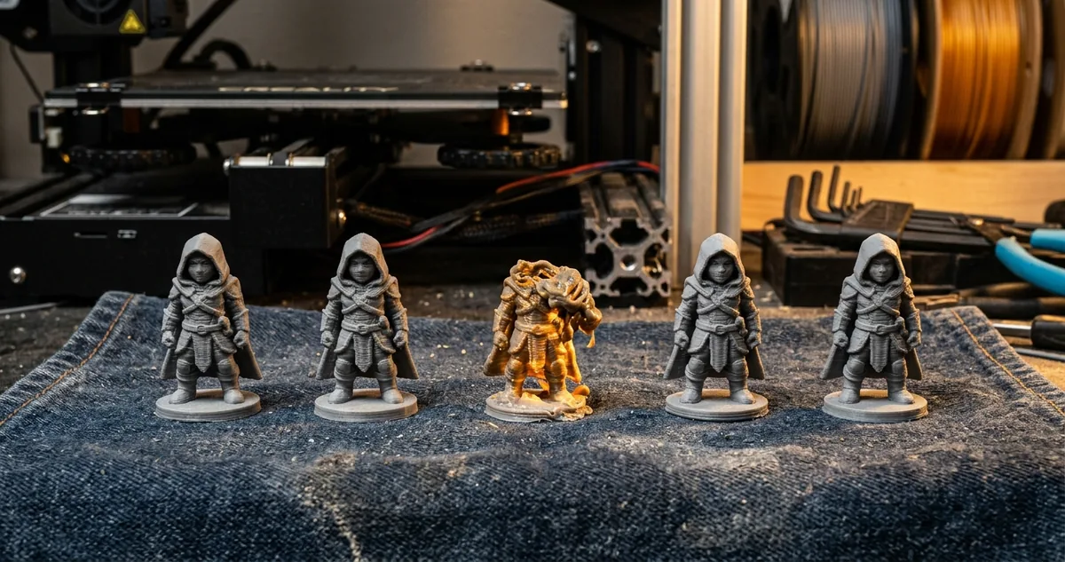 Miniaturas de cavaleiro em PLA cinza na mesa da impressora sob luz lateral.