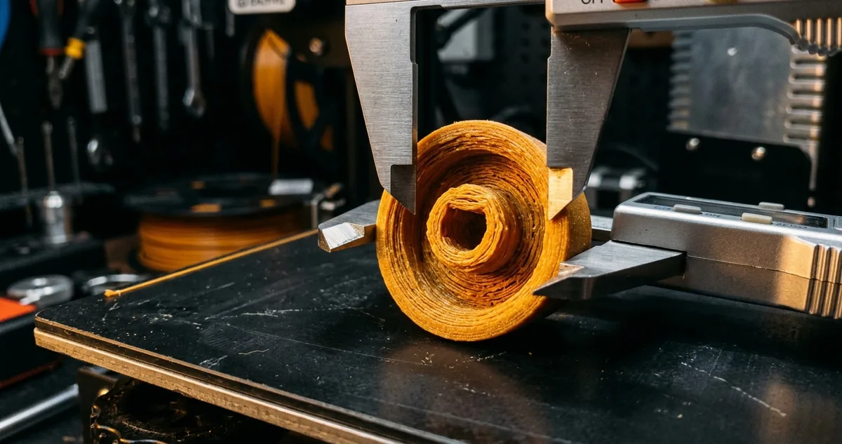 Botão de fogão impresso em PETG preto encaixado num eixo de metal em forma de D, com um paquímetro digital sobre a bancada.