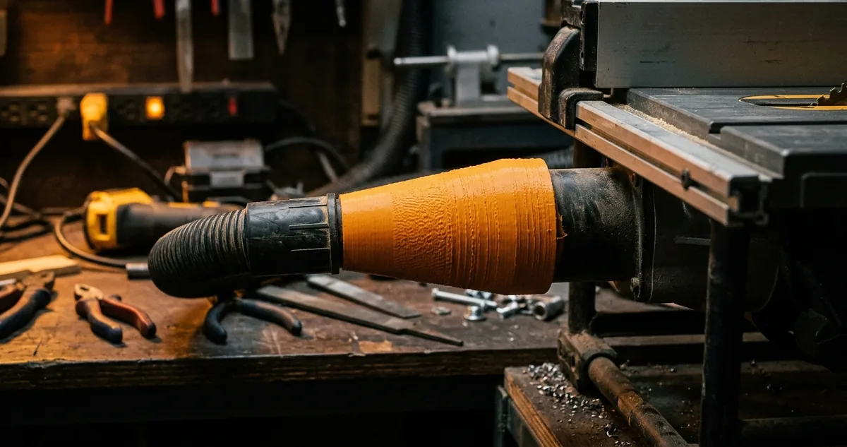 Adaptador impresso em PETG laranja ligando a mangueira de um aspirador ao bocal de pó de uma serra circular, com um paquímetro digital na bancada.