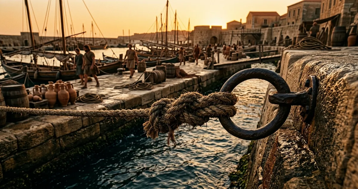Porto romano ao entardecer, tripulação dobrando a vela contra a verga do navio atracado