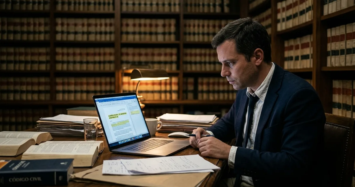 Uma petição impressa sobre a mesa com um trecho de jurisprudência marcado e a tela do tribunal sem resultado ao lado.