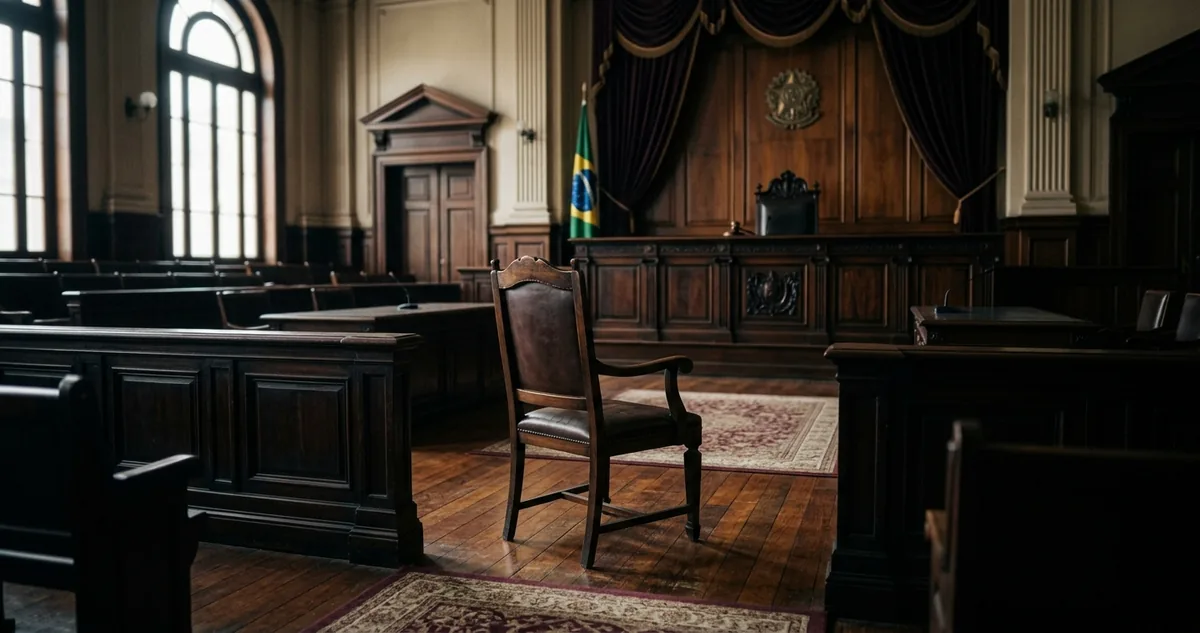 A cadeira vazia do réu na mesa de conciliação ao lado do texto do artigo 334 do Código de Processo Civil.