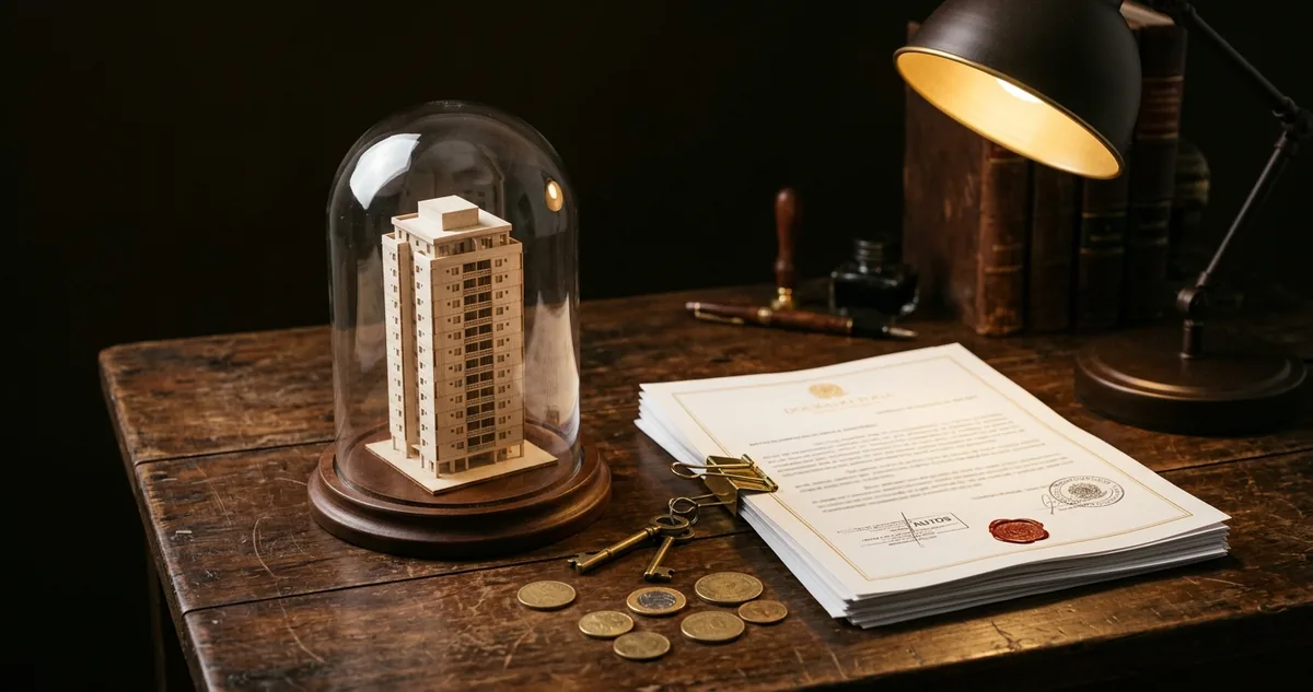Planta de apartamento sobre contrato de compra com quadro-resumo