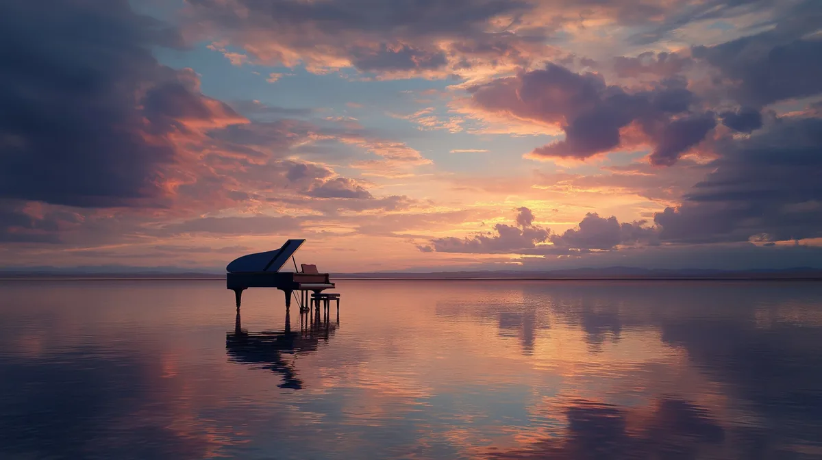 Piano de cauda preto no meio de um lago espelhado ao pôr do sol, com céu colorido