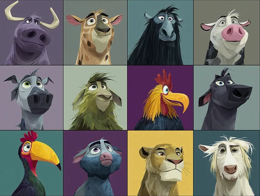 twelve farm animals Avatars inspired by Disney movie style