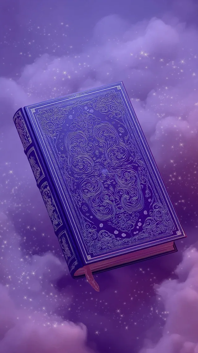 front view dark purple color Create a high-end, magical still-life image of a closed fairy-tale book with a beautifully 