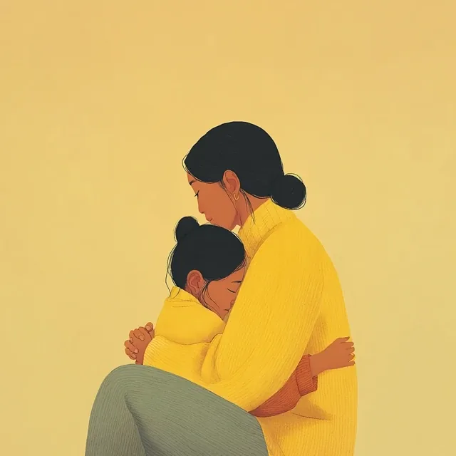 A tender moment between a parent and teenager, sitting close together, arms around each other, showing emotional support