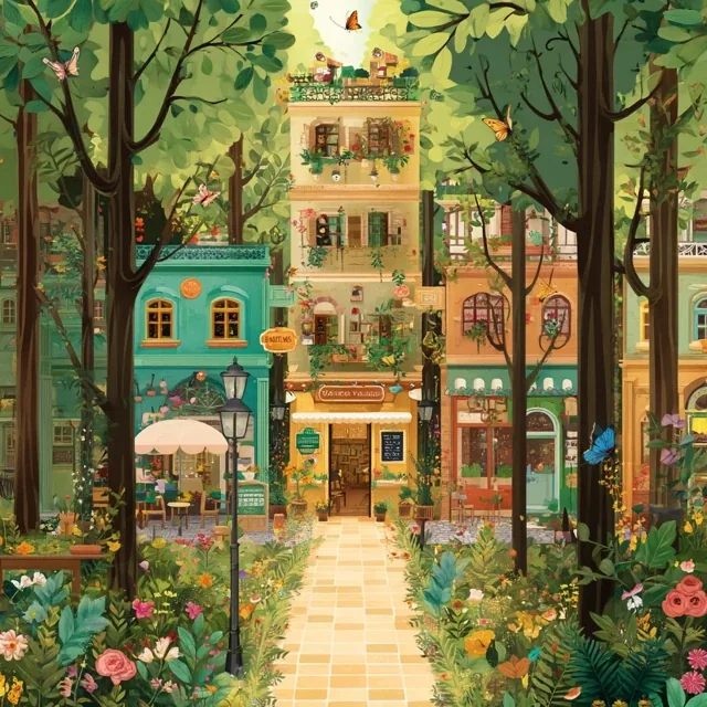Create a colorful and inviting illustration combining a lush, enchanting forest entrance seamlessly transitioning into a