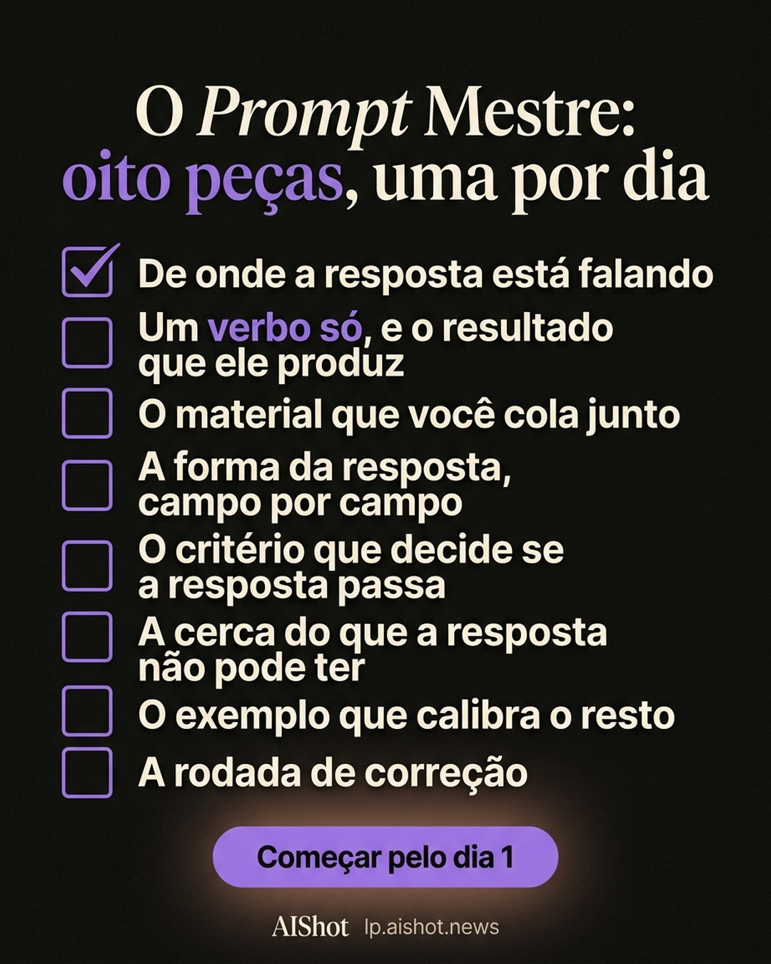 O Prompt Mestre: oito peças, uma por dia: De onde a resposta está falando, Um verbo só, e o resultado que ele produz, O material que você cola junto, A forma da resposta, campo por campo, O critério que decide se a resposta passa, A cerca do que a resposta não pode ter, O exemplo que calibra o resto, A rodada de correção. Começar pelo dia 1.