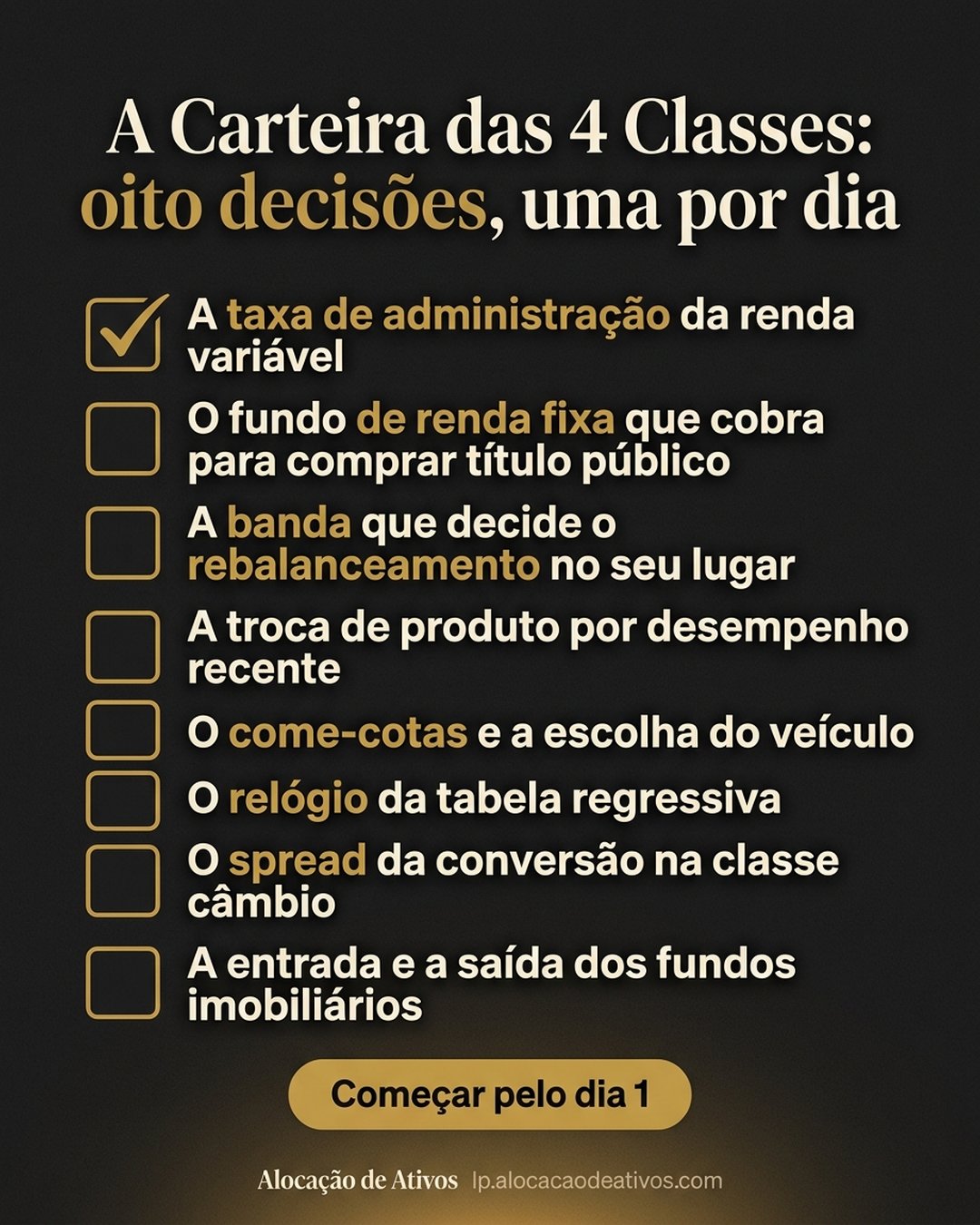A Carteira das 4 Classes: oito decisões, uma por dia: A taxa de administração da renda variável, O fundo de renda fixa que cobra para comprar título público, A banda que decide o rebalanceamento no seu lugar, A troca de produto por desempenho recente, O come-cotas e a escolha do veículo, O relógio da tabela regressiva, O spread da conversão na classe câmbio, A entrada e a saída dos fundos imobiliários. Começar pelo dia 1.