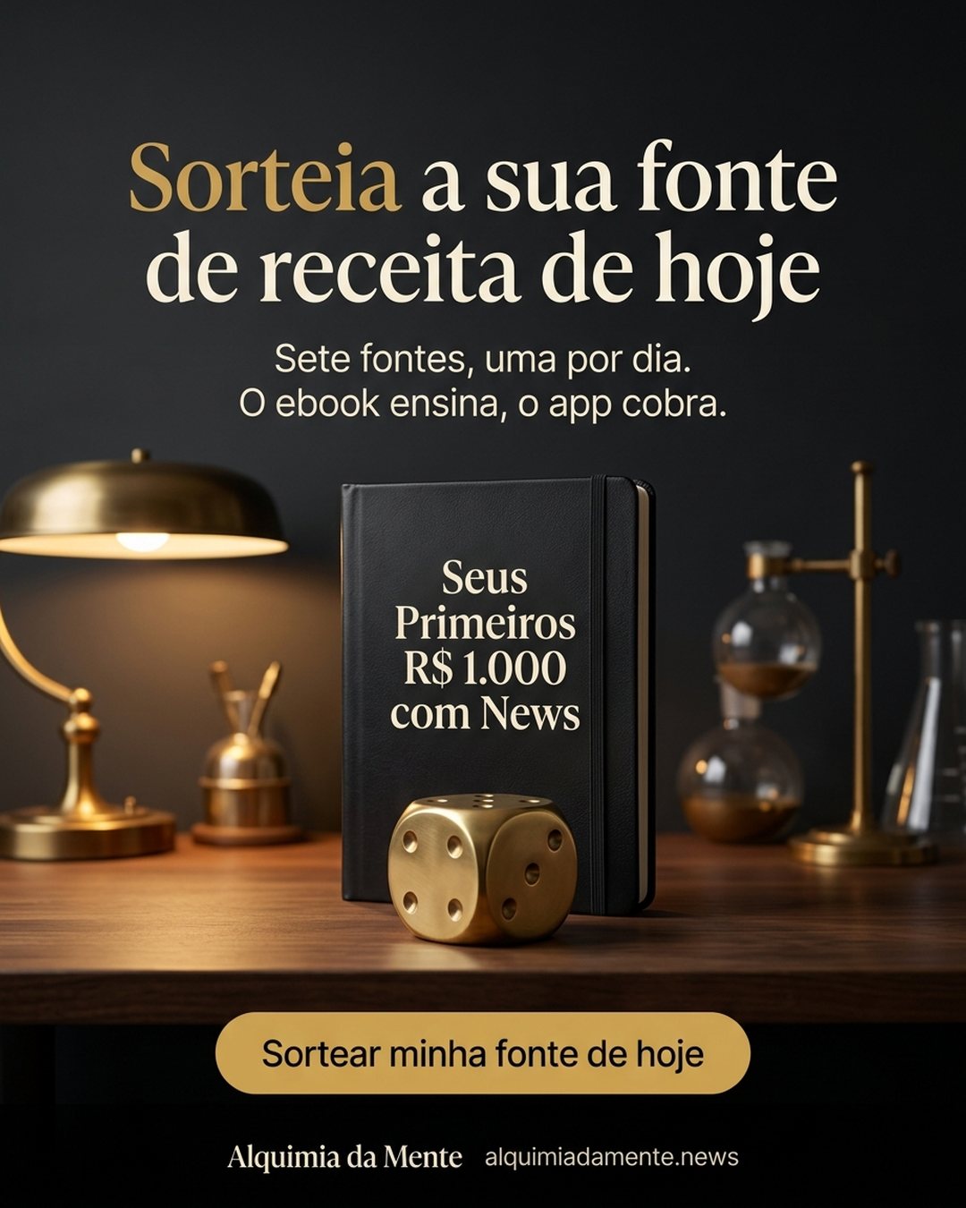 Sorteia a sua fonte de receita de hoje. Sete fontes, uma por dia. O ebook ensina, o app cobra. Sortear minha fonte de hoje.