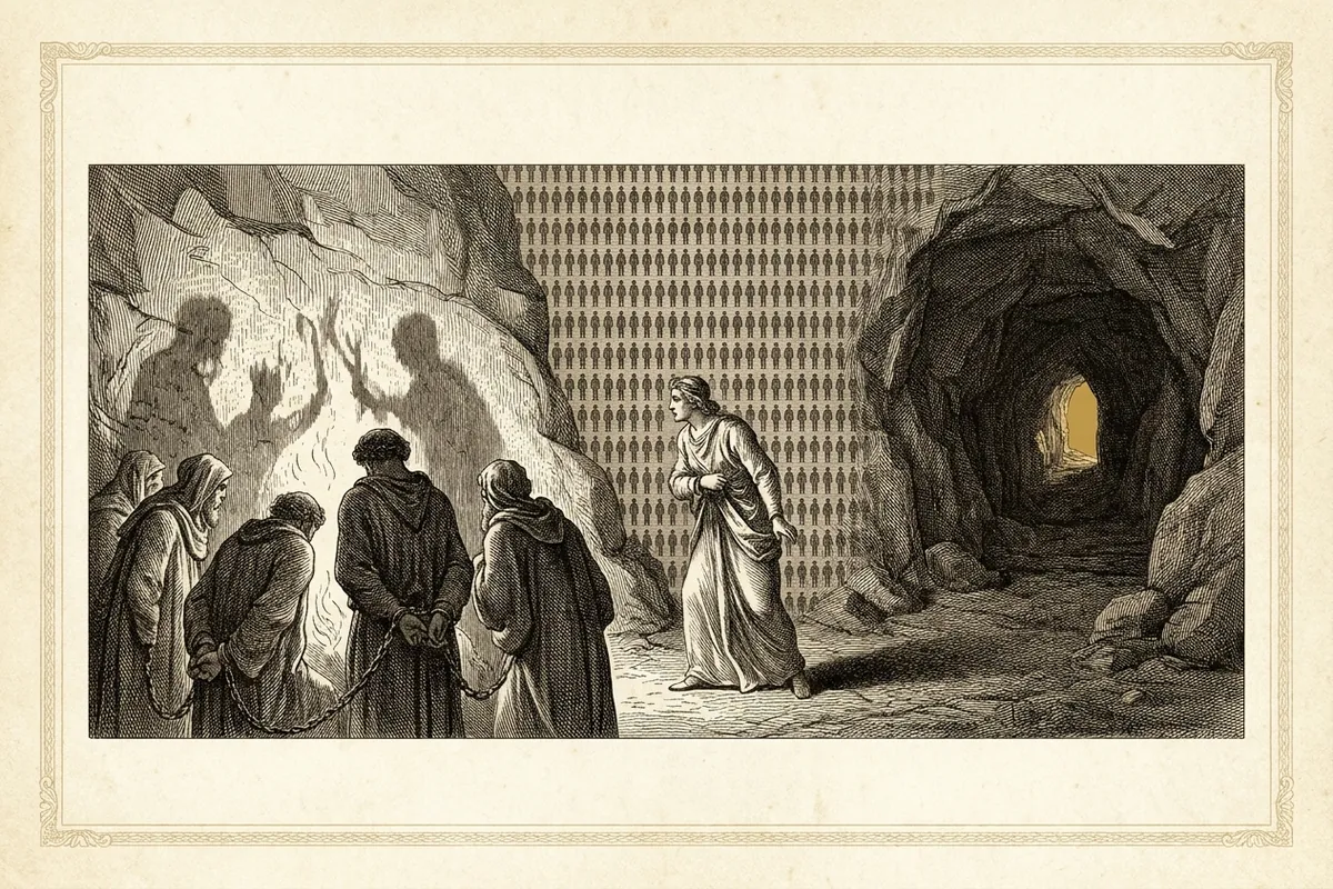 Prisioneiros acorrentados diante de sombras numa caverna; um se vira pra luz dourada da saída