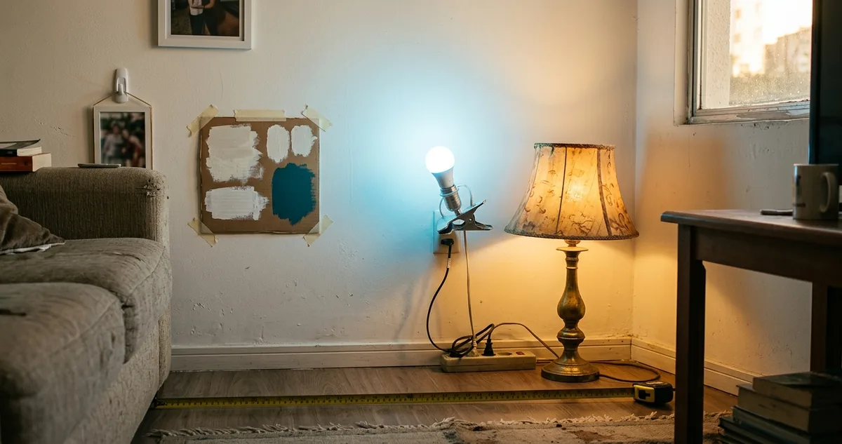 Sala à noite com a lâmpada do teto apagada e um abajur de cúpula aceso ao lado do sofá.