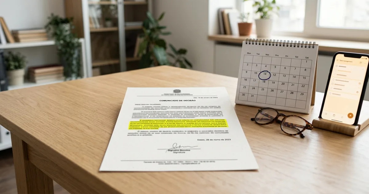 Carta impressa de comunicado de decisão sobre a mesa, com o parágrafo do motivo marcado a marca-texto e um calendário de mesa ao lado com um dia circulado a caneta.