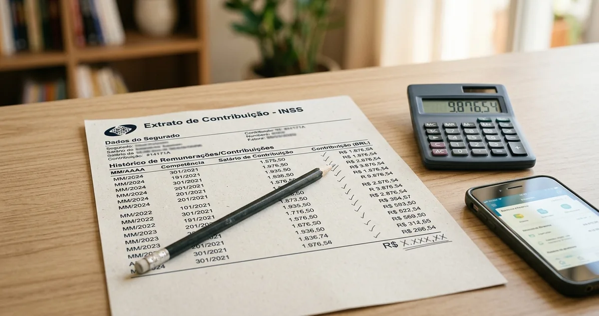 Extrato de contribuição impresso sobre a mesa, com a coluna de valores mensais marcada a lápis, uma calculadora ao lado e um celular com o aplicativo aberto.