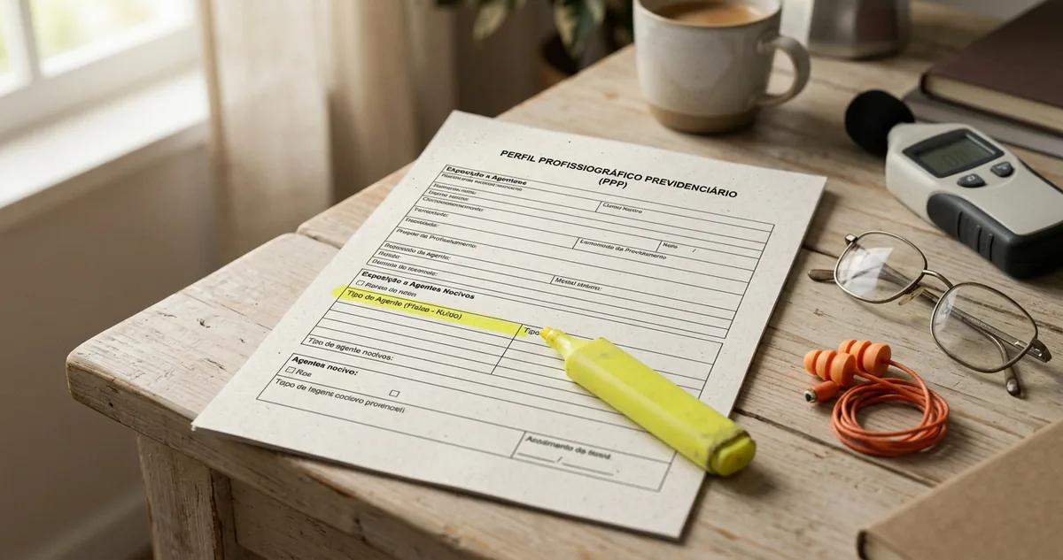 Perfil Profissiográfico Previdenciário impresso sobre a mesa, com o campo do agente nocivo marcado a marca-texto e um protetor auricular pousado ao lado do papel.