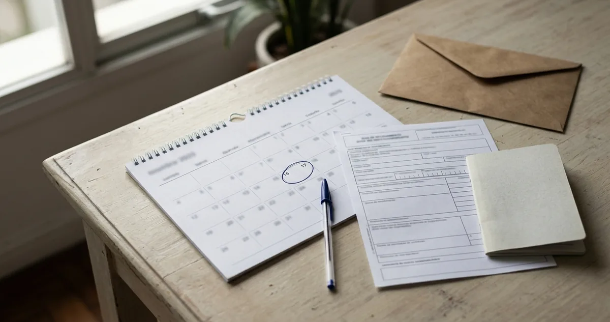 Calendário de parede sobre a mesa com um único dia circulado a caneta, uma guia de recolhimento em branco e um carnê de contribuição fechado ao lado.