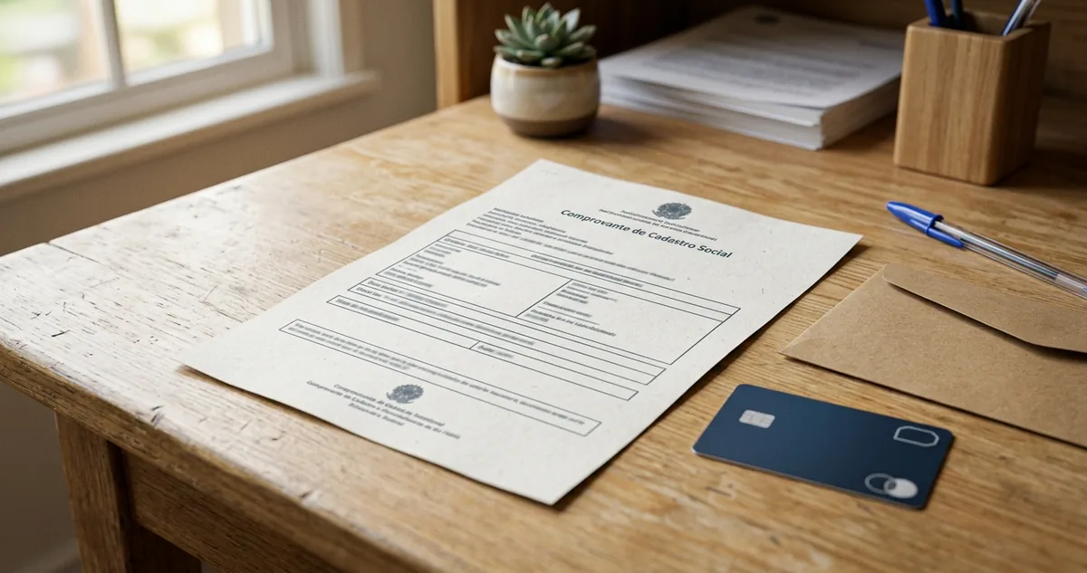 Comprovante de cadastro social sobre a mesa de madeira, ao lado de um cartão de banco sem nome e de um envelope pardo fechado.