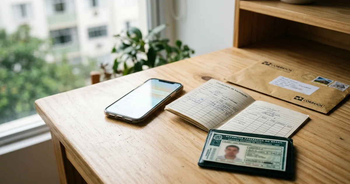Celular sobre a mesa com um aviso na tela, cartão de vacinação aberto, carteira de motorista fechada e envelope dos Correios ao lado.
