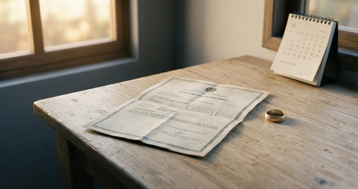 Certidão dobrada sobre a mesa de madeira, ao lado de uma aliança e de um calendário de parede.