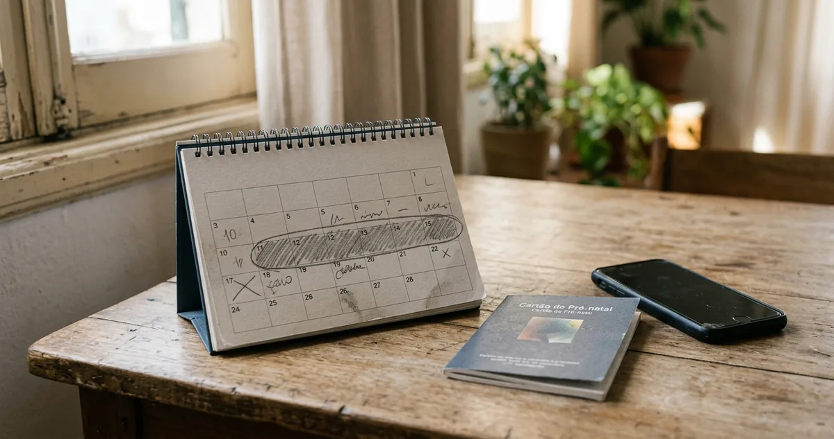 Calendário de mesa com o intervalo de dias marcado a lápis, ao lado do cartão de pré-natal.