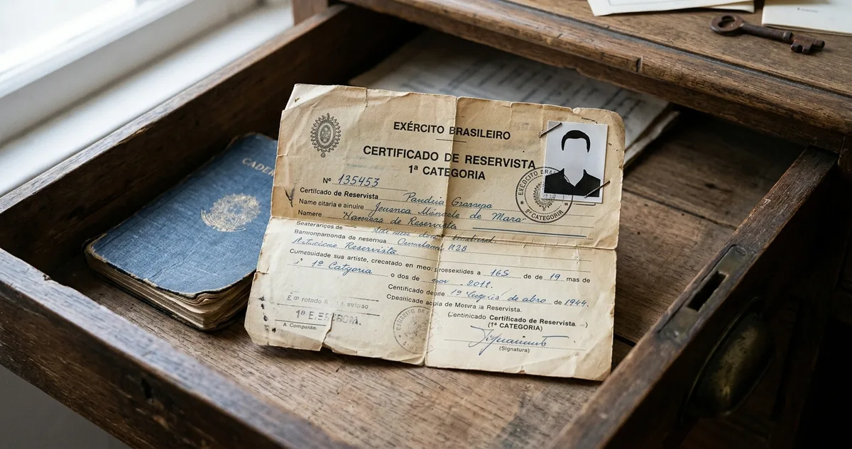 Certificado de reservista amarelado dobrado dentro de uma gaveta de madeira aberta, ao lado de uma caderneta antiga.