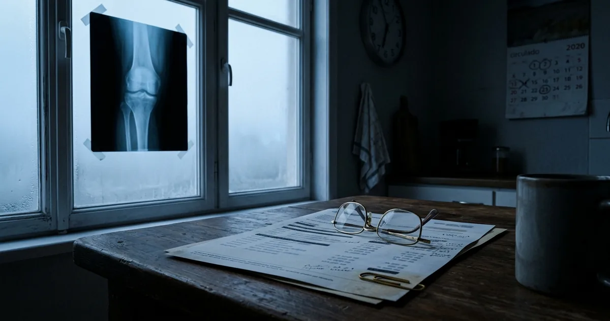Laudo médico sobre uma mesa de madeira, com calendário ao fundo.
