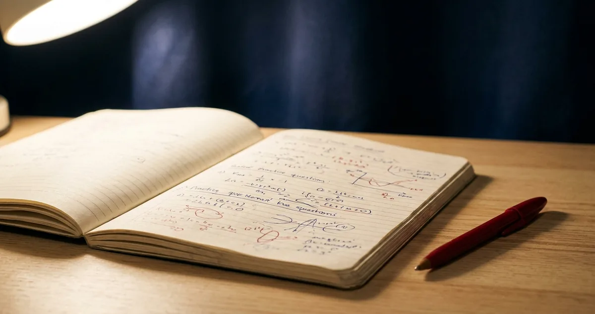 Um caderno de erros aberto sobre a mesa, com questões copiadas à mão e uma caneta vermelha ao lado, sem pessoas.
