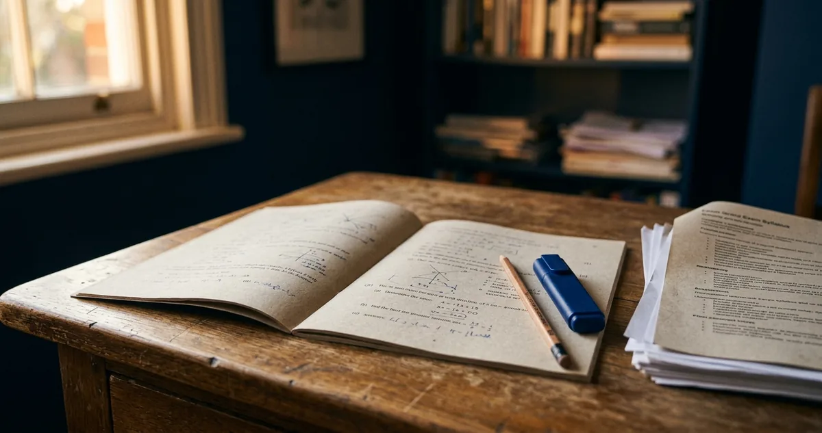 Caderno de prova antiga aberto sobre a mesa, ao lado de um edital impresso e um marcador fechado, sem pessoas.