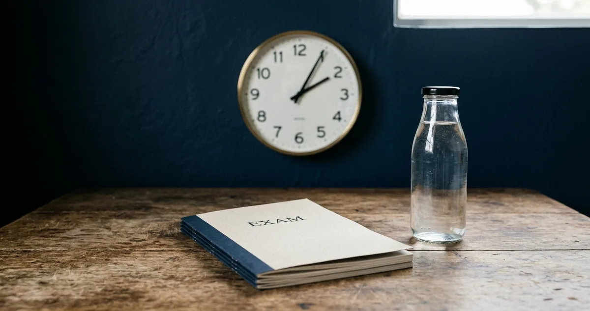 Mesa com caderno de questões fechado, relógio marcando a hora da prova e uma garrafa de água, sem pessoas.