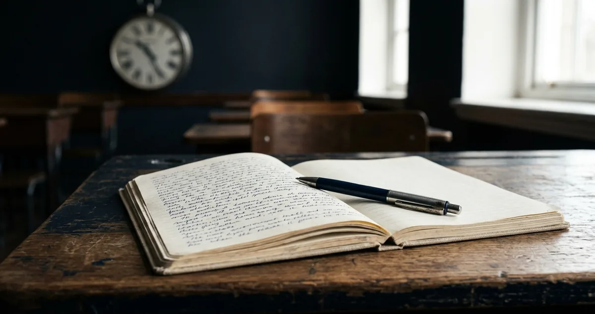 Caderno aberto com folha manuscrita e uma caneta sobre uma carteira vazia, sem pessoas.