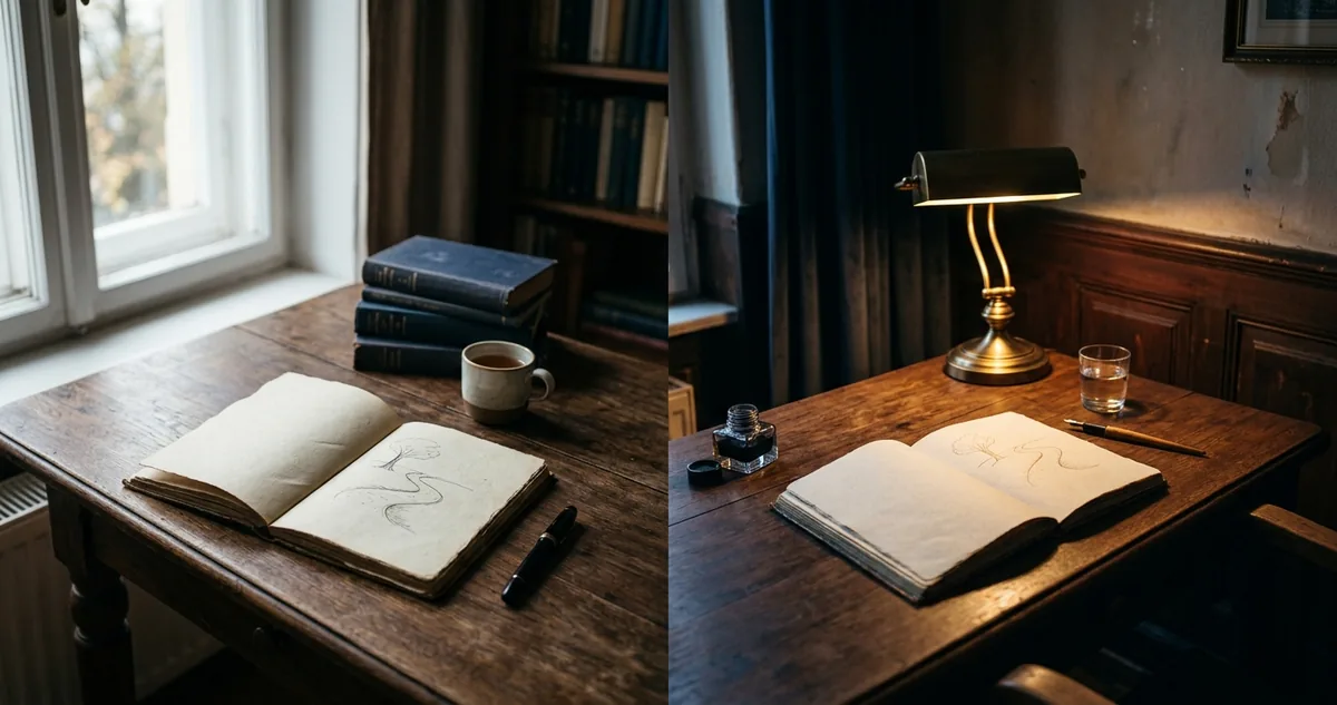 Duas mesas de estudo em ambientes diferentes, uma com luz de janela e outra sob luminária, sem pessoas.
