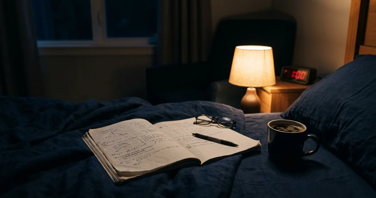 Quarto escuro com o despertador marcando a madrugada, a apostila aberta na cama e a luminaria ainda acesa, sem pessoas.