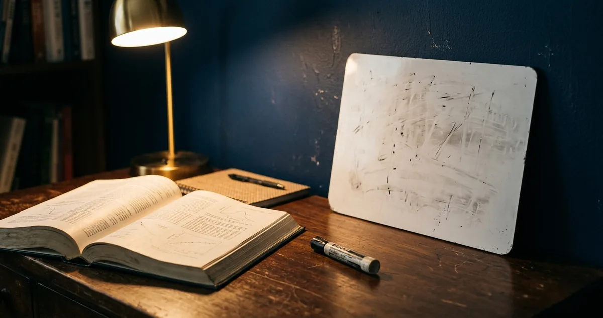 Mesa de estudo com o material aberto e um quadro branco pequeno encostado na parede, sem pessoas.