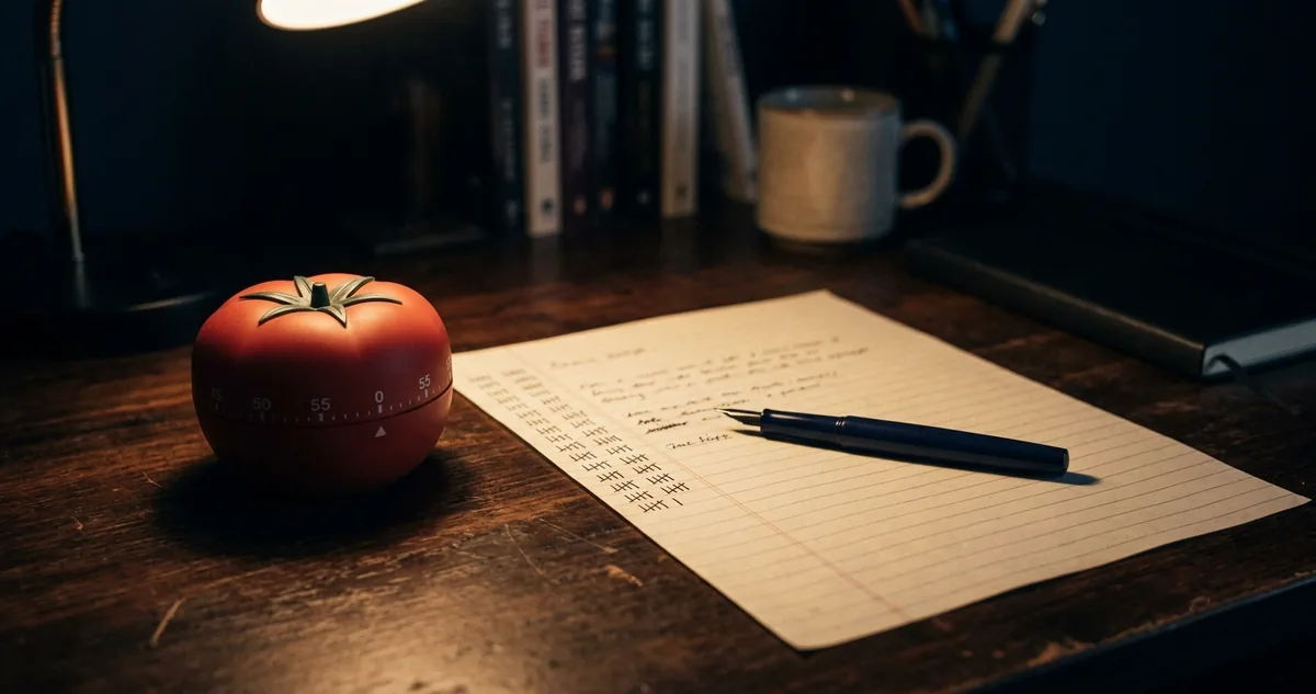 Mesa de estudo com um cronômetro de cozinha em formato de tomate ao lado de uma folha pautada com riscos na margem, sem pessoas.