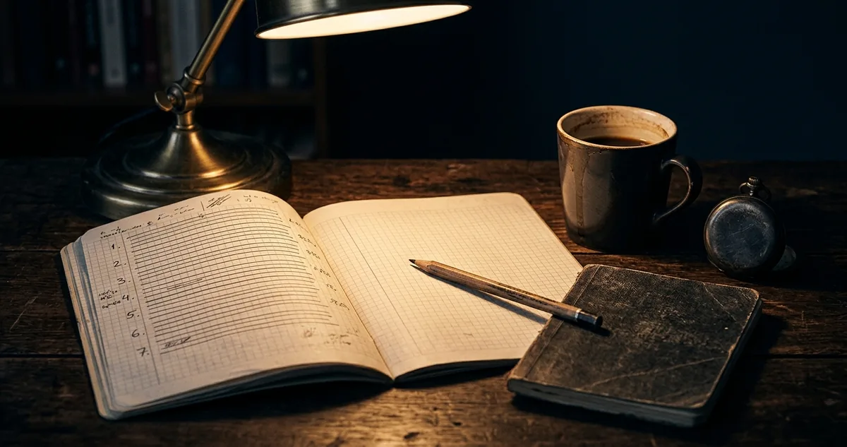 Caderno quadriculado aberto com uma lista de perguntas numeradas e espaços em branco, ao lado de uma apostila ainda fechada, sob luz de luminária, sem pessoas.