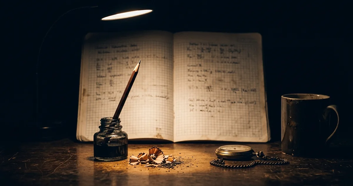 Apostila impressa aberta sobre mesa escura, com o texto de uma página em tipografia apertada e irregular ao lado de outra página limpa, sob luz de luminária, sem pessoas.