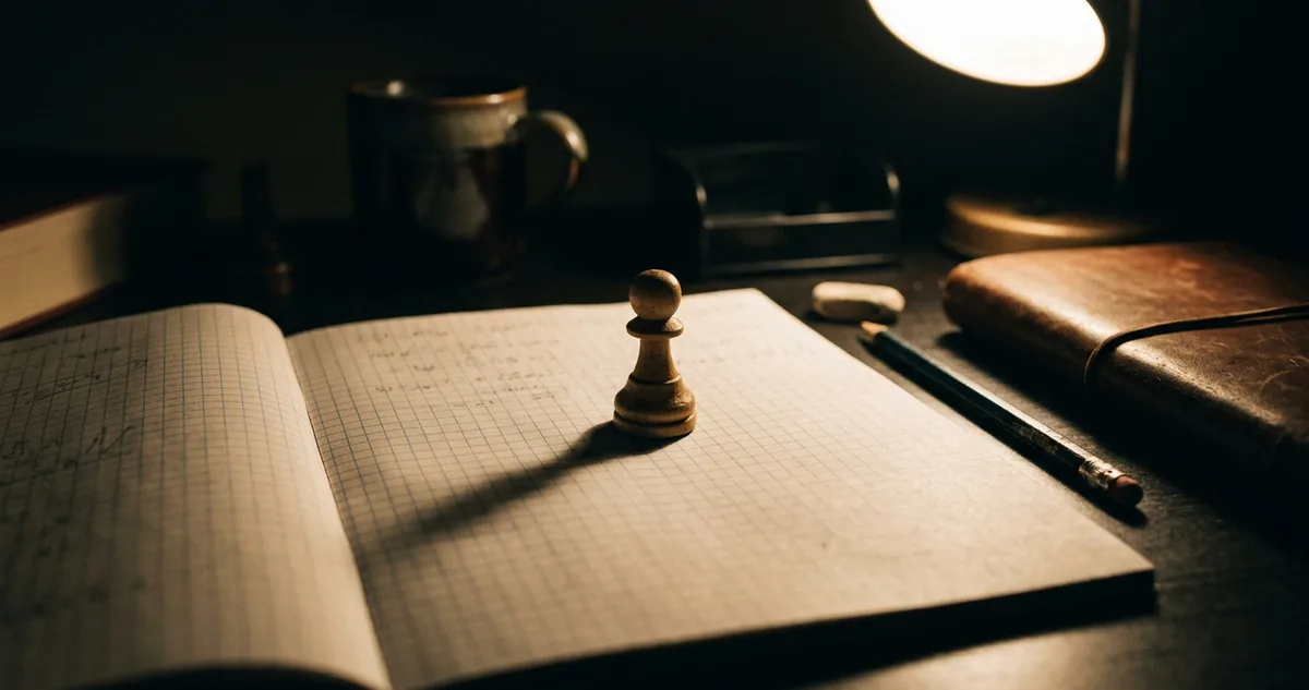 Caderno pautado aberto com anotações à mão ao lado de um notebook fechado sobre mesa escura, sob luz de luminária, sem pessoas.