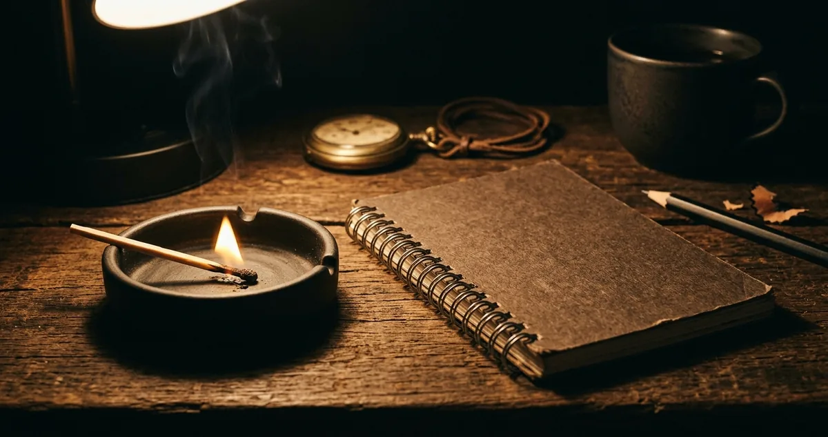 Caderno escolar antigo aberto sobre mesa de madeira, páginas amareladas com exercícios, luz lateral fria, sem pessoas.