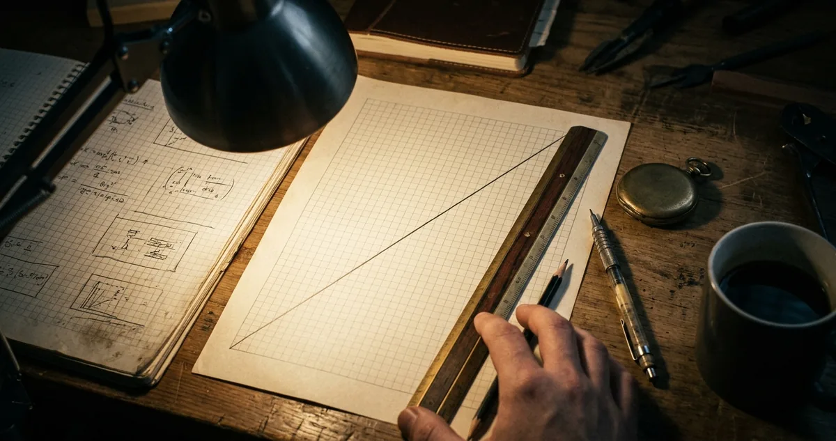 Caderno de anotações com trechos cobertos por fitas de papel opaco, lápis e borracha ao lado, luz focal quente, fundo escuro, sem pessoas.