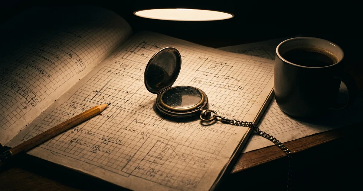 Caderno quadriculado aberto com calendário de revisões ao lado de lápis apontado, mesa escura, luz focal quente, sem pessoas.